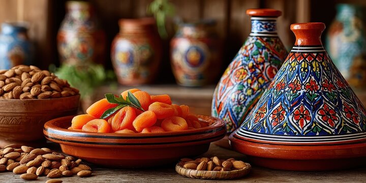 Moroccan culture is reflected in this still life featuring dried apricots and almonds served in traditional earthenware next to two ornate tagines
