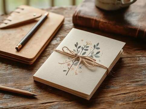 stack of hand-tied botanical greeting cards on a rustic wooden table with pencil, leather notebook and a warm mug, evoking a cozy calm nostalgic mood