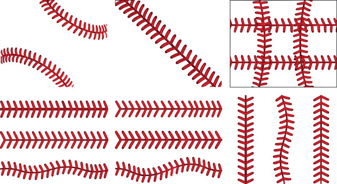 PrintRed Baseball Stitches Seamless Pattern Set with Straight Curved Diagonal and Grid Seam Texture Embroidery Borders for Sports Apparel Graphic Designs