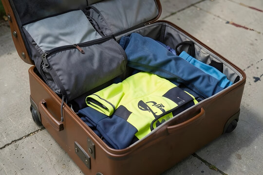 Business travel and work trip preparation, open suitcase with high visibility safety clothing and professional apparel packed for a construction site visit
