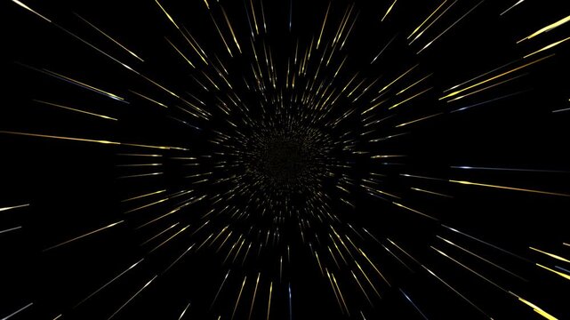 Abstract golden light streaks in motion, warp speed space travel effect on black background.