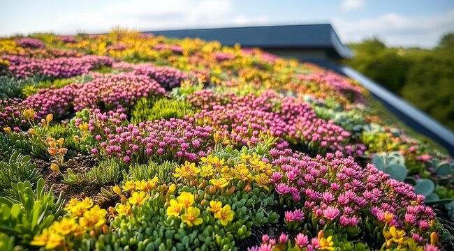close-up of colorful flowering rooftop green roof with pink and yellow succulents, visible roof edge and distant trees under bright sky, cheerful and vibrant