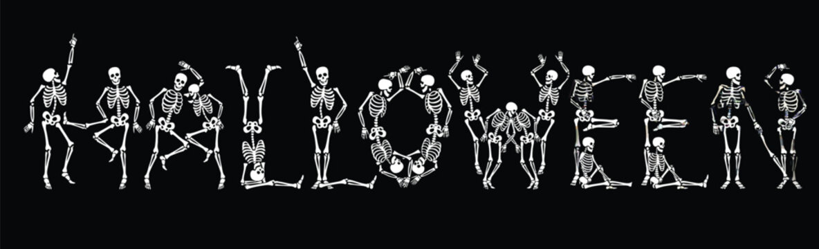 Halloween word spelled with dancing human skeletons on a black background
