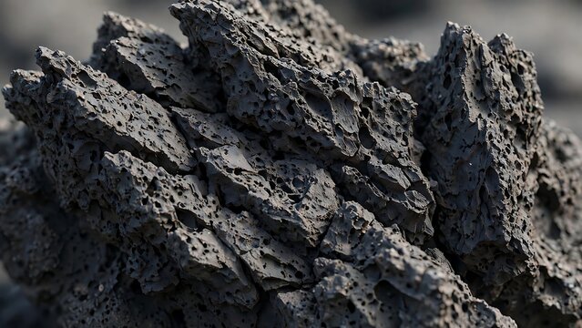 Rugged black volcanic rock showing porous texture and sharp jagged edges