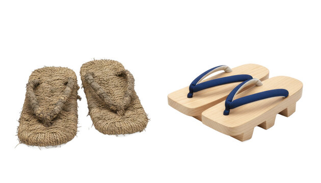 Traditional Japanese Footwear Including Straw Sandals and Wooden Geta