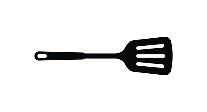 A black silhouette of a slotted kitchen spatula rests against a white background cookware