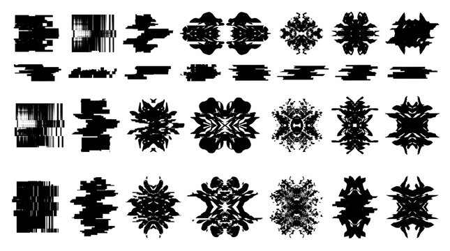Abstract Grunge Shapes Collection: A compilation of abstract grunge-style shapes and designs, featuring textured brush strokes and symmetrical patterns in black and white.