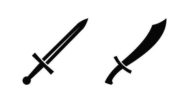 Two black silhouettes of a longsword and a scimitar are displayed on a white background