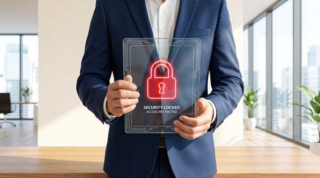 Cyber security featuring businessman holding futuristic transparent tablet with glowing red padlock icon, data protection, privacy shield, access restricted warning