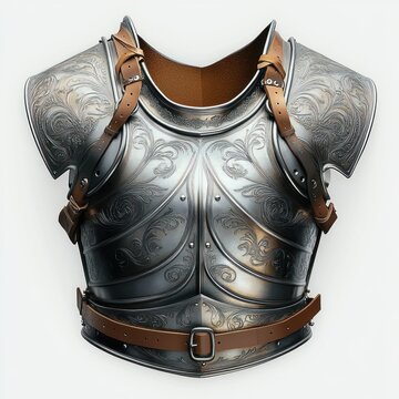 ornate engraved steel breastplate with leather straps and buckled belt, decorative scrollwork and shoulder pauldrons conveying regal protective elegance