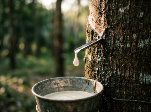 Rubber Tapping Process Natural Latex Dripping into Bucket on Tree Trunk.