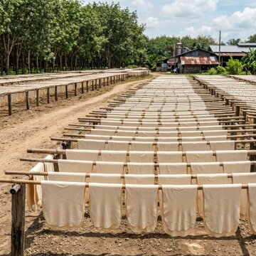Rubber sheets drying in the sun on a plantation in Southeast Asia.