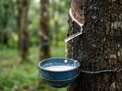 Rubber Tree Sap Dripping into Collection Bowl in Plantation.