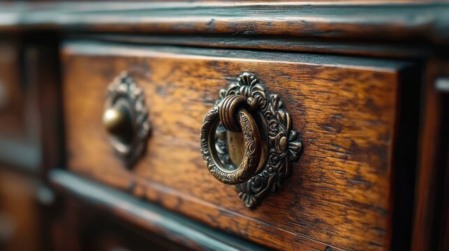 close-up of antique wooden drawer with ornate brass ring pull evoking warm nostalgic elegance