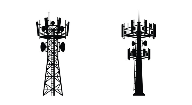 Cell tower silhouettes stand against a white background depicting modern communication infrastructure