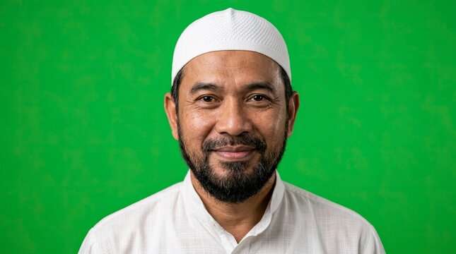 Portrait of a Smiling Middle-Aged Muslim Man Wearing a White Prayer Cap on Green Screen Background