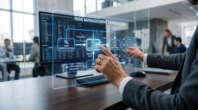 Risk management framework hologram interface, businessman interacting with virtual screen, data analysis process, corporate strategy planning, identification assessment mitigation