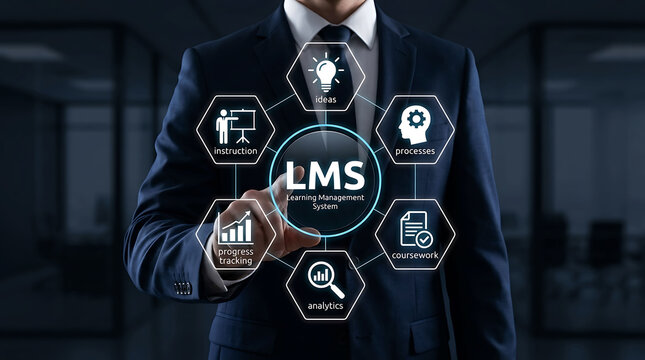 Businessman interacting with a futuristic digital interface for Learning Management System LMS concept