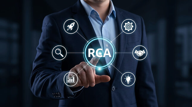 Businessman pointing at digital RCA acronym concept interface with business icons in office