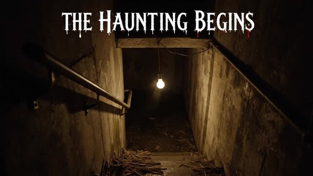 Dark basement staircase illuminated by a single flickering light bulb creates an ominous atmosphere for this scary horror movie motion footage