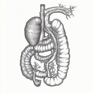 Detailed anatomical illustration of stomach, aorta, small and large intestines with branching mesenteric vessels, rendered in monochrome, evoking clinical curiosity