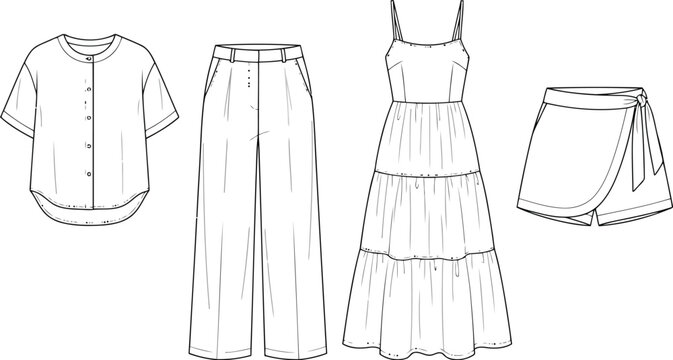 Fashion sketch set of summer women clothing including a button shirt, wide leg trousers, a long tiered dress and a wrap skirt for casual daily wear design projects