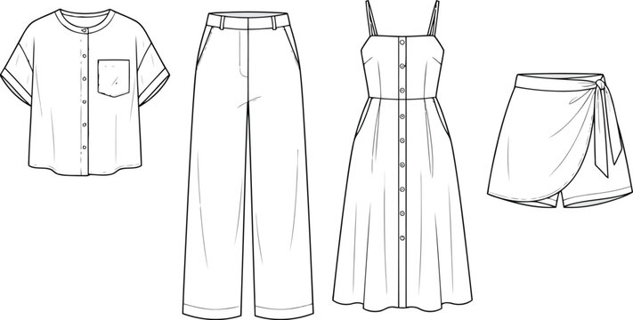 Set of stylish summer women clothing sketches including a button down shirt wide leg trousers a midi dress and a wrap skirt fashion design technical drawing
