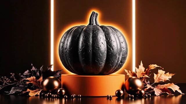 Cinematic Black Matte Pumpkin with Orange Neon Light Border Halloween Stock Footage