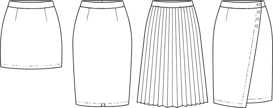 Set of four different women skirt fashion sketches including mini skirt pencil skirt pleated skirt and wrap skirt technical flat illustration for clothing design