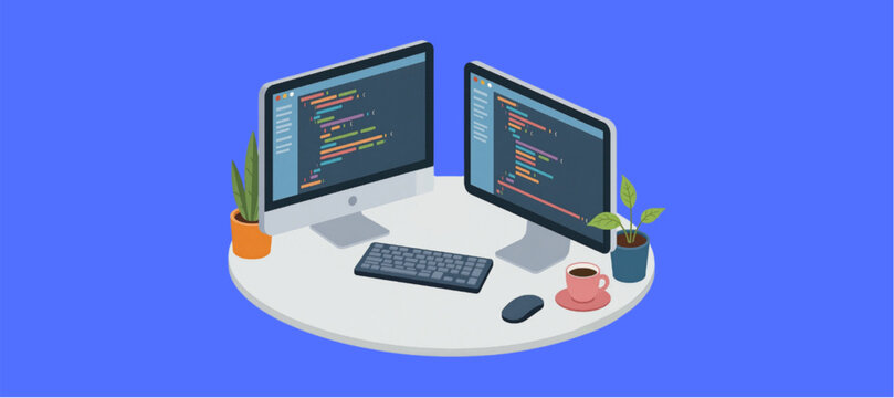 Isometric software development workstation with dual monitors and coding interface.