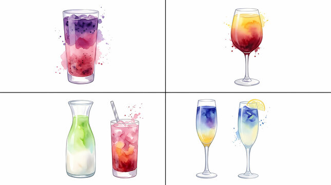 Colorful Refreshing Beverages Featuring Tropical Fruit Blends And Artistic Watercolor Accents To Bring A Lively Vibe To Your Summer Party Events And Refreshing Cocktail Menus For Various