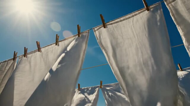 White laundry hangs on a clothesline under the sun in a clear blue sky. The scene shows clothespins holding the fabric in place. This captures a regular day of drying clothes outdoors