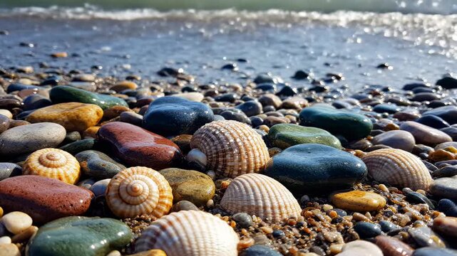 A close look at colorful shells and smooth stones resting on wet sand near the ocean. Waves gently wash over the shore while the sun shines above