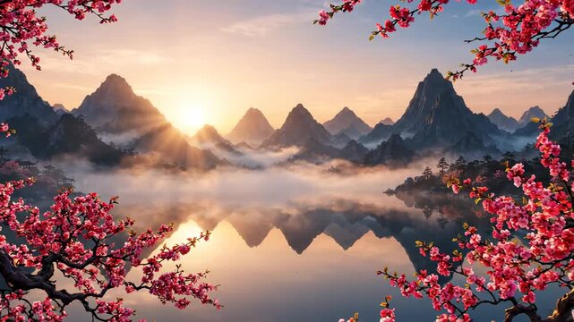 Pink flowering tree by a misty mountain lake at sunrise