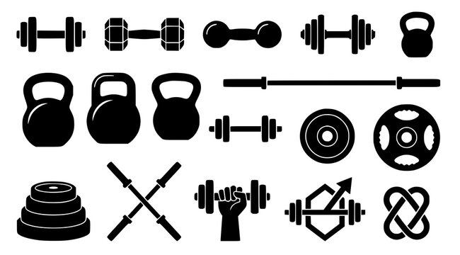 Minimal weight equipment silhouettes with dumbbells kettlebells barbells gym fitness and strength vector icons