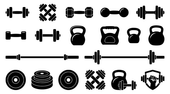 Kettlebell and dumbbell silhouette icon collection with gym weights strength training and fitness vector graphics