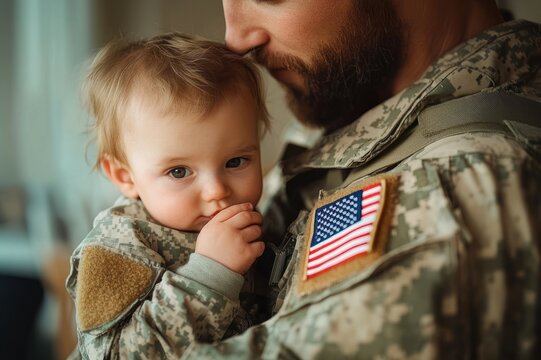 soldier in camouflage uniform with american flag patch holding young child in tender embrace, kissing forehead in a warm emotional homecoming scene