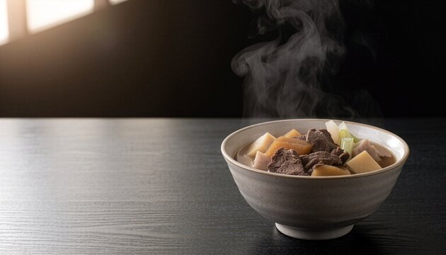 A steaming bowl of Japanese Yamagata imoni, autumn taro and beef stew on a dark table, warm comforting still life with generous copy space