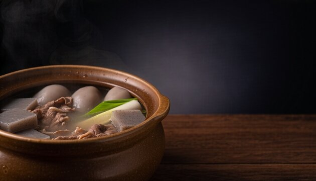 Japanese Yamagata imoni in an earthenware donabe pot, autumn taro and beef stew with plenty of taro roots, steaming hot still life with copy space