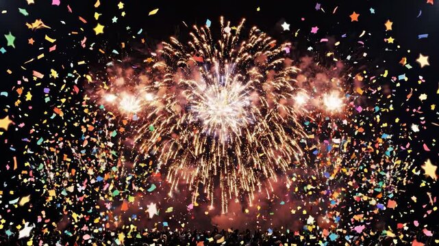 Colorful fireworks and confetti falling during celebration