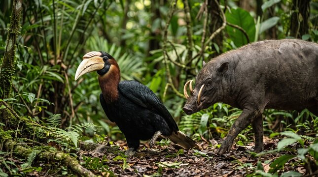 Wildlife encounter between hornbill and babirusa in lush rainforest