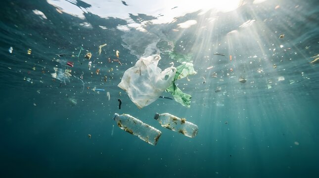 Plastic waste and bottles floating in sunlit ocean water