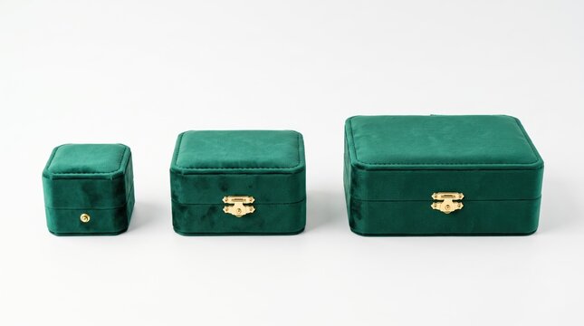 Set of three emerald green velvet jewelry boxes arranged in a row on a clean white, varying in size from small ring box to large storage case, featuring elegant gold metal clasps