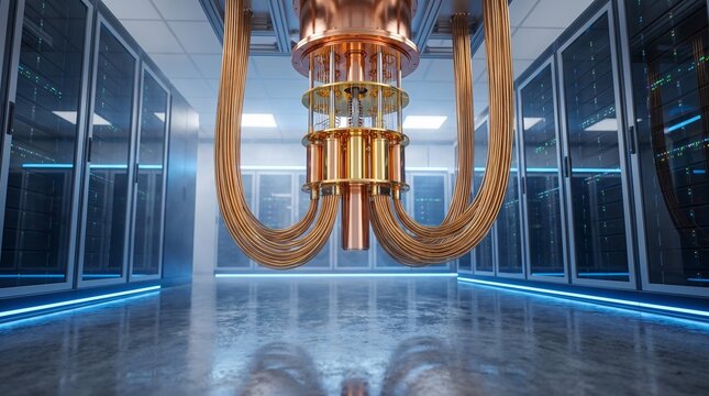 Quantum computer processor featuring gold copper wiring suspended in a bright high tech laboratory setting with glowing server cabinet lights