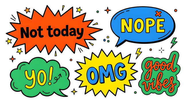 Comic Speech Bubbles: A vibrant collection of hand-drawn speech bubbles featuring popular slang and expressions like Not today, NOPE, yo!, OMG, and good vibes, set against a playful backdrop.