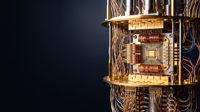 Quantum computer processor features intricate gold wiring and metallic components designed for high performance computing within a dark laboratory setting environment