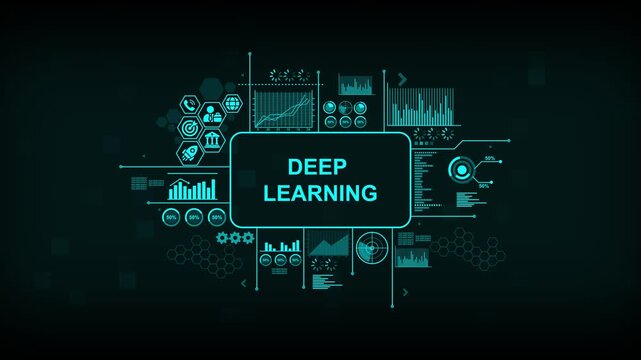 Deep learning technology hud interface with animated data analytics and neural network infographics artificial intelligence