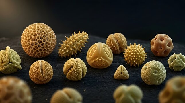 Microscopic pollen grains on dark textured surface