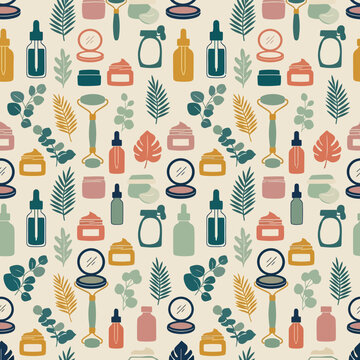 Seamless pattern of hand drawn skincare products and organic botanical leaves in earthy tones