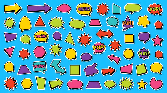 Comic Speech Bubbles and Shapes: A vibrant collection of colorful and quirky speech bubbles, starbursts, arrows, and geometric shapes in a pop art style.